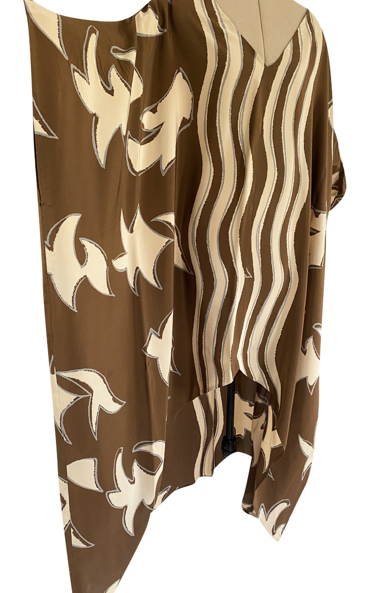 1980s Bill Blass Wavy Stripe & Abstract Print Pattern Soft Brown & Creamy Taupe Silk Caftan Dress