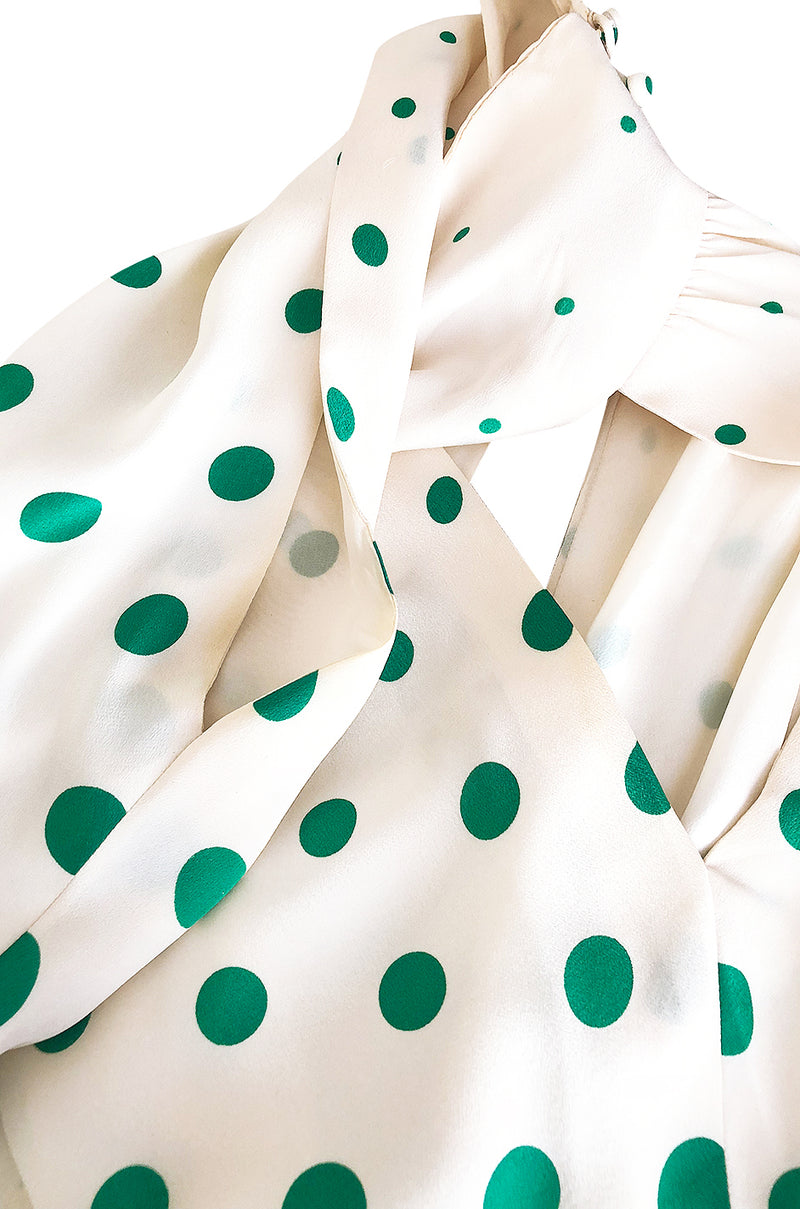 c.1972 Pauline Trigere Graduated Green Dots on Bias Cut Silk Dress