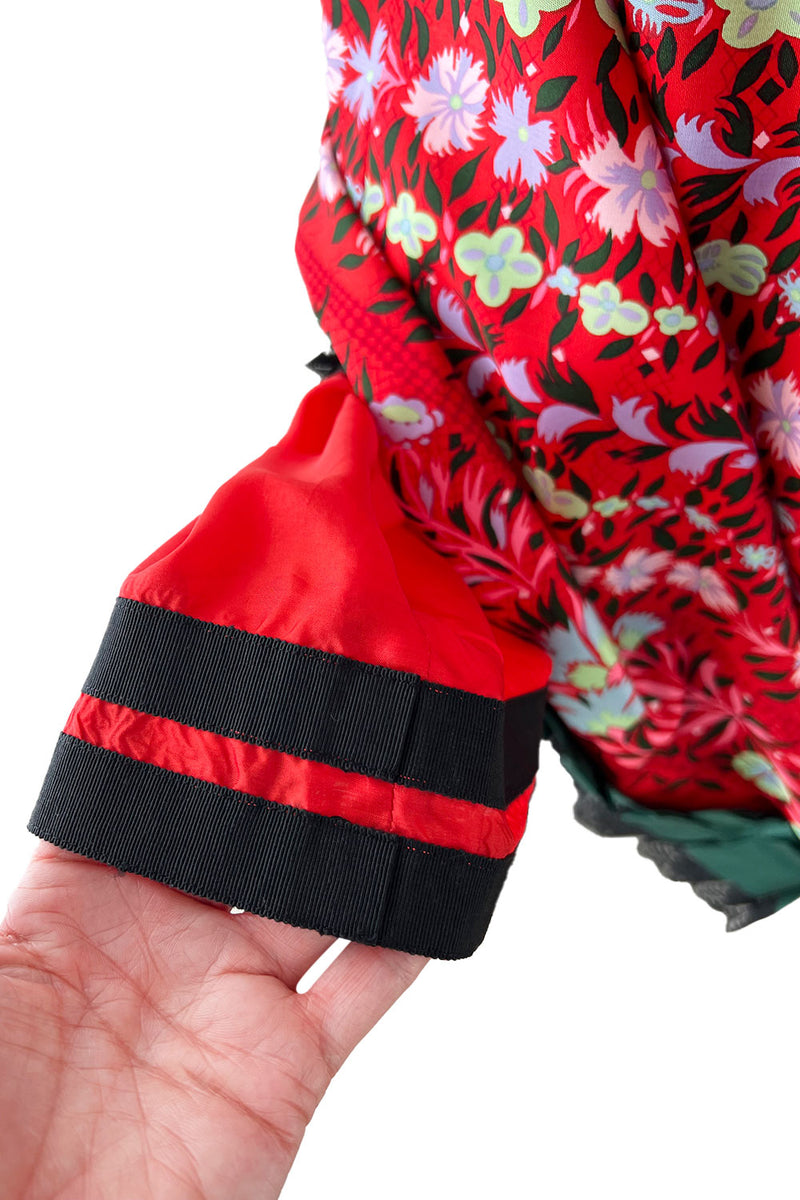 Early 1970s Lanvin by Jules-Francois Crahay Demi-Couture Printed Red Silk Skirt w Green & Lace Edging