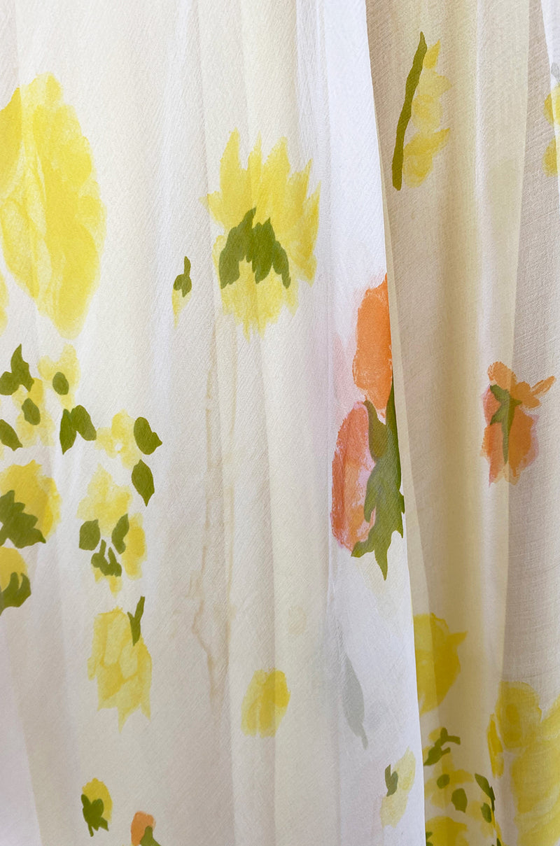 1961 Ferdinando Sarmi Strapless Yellow Floral Print Silk Chiffon Dress w Front Bow Detail