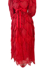 1980s Unlabeled Nina Ricci by Girard Pipard Haute Couture Red Silk & Net Leaf or Petal Dress