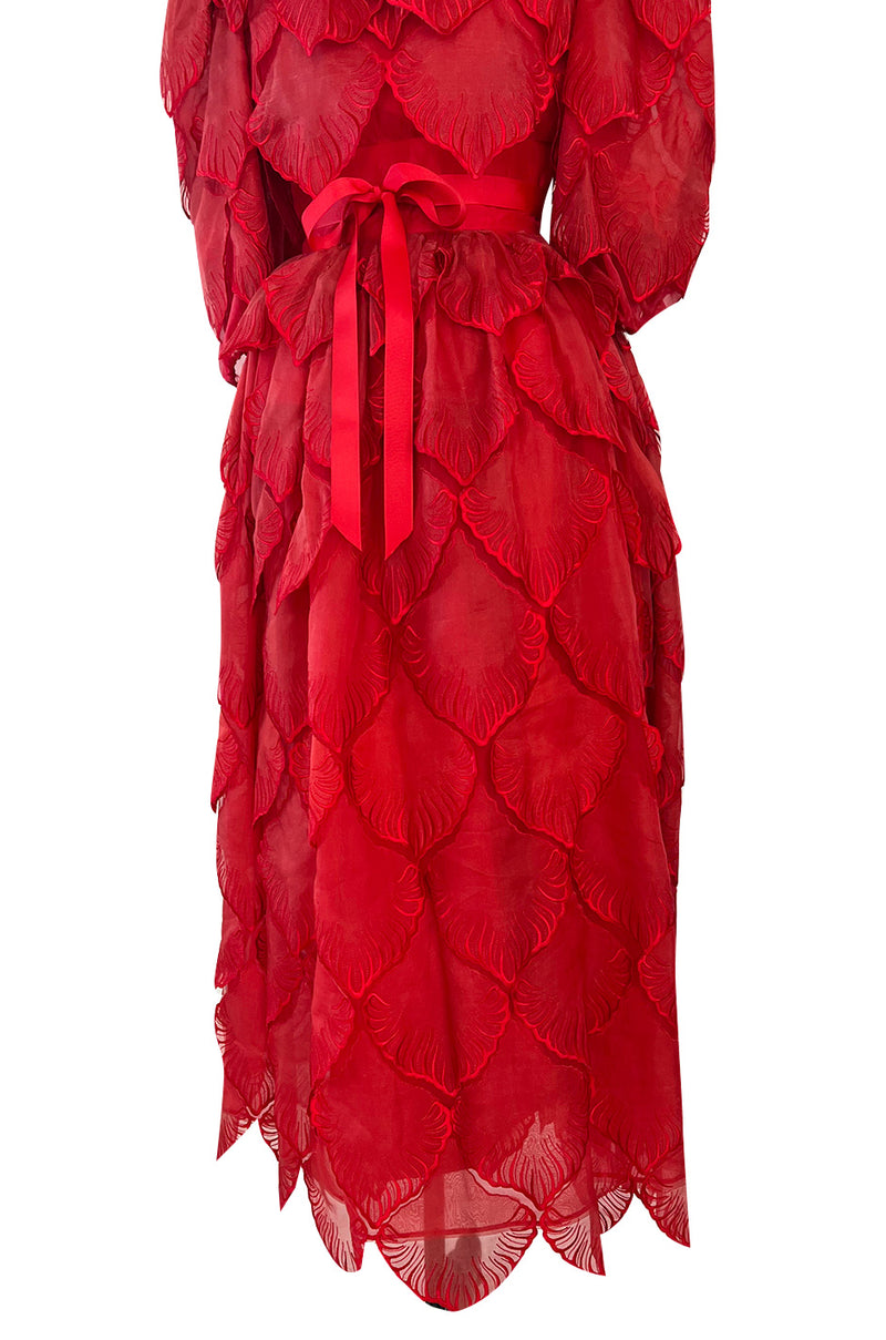 1980s Unlabeled Nina Ricci by Girard Pipard Haute Couture Red Silk & Net Leaf or Petal Dress