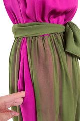 Gorgeous 1970s Galanos Couture Bright Pink & Moss Green Silk Chiffon Dress