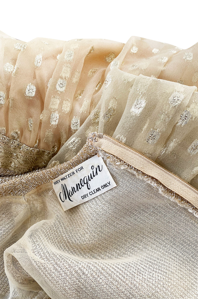 1960s Mannequin Pale Gold Metallic Lame & Organza Maxi Dress