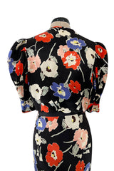 Beautiful 1930s Bias Cut Heavy Silk Satin Floral Print Dress w Scalloped Edged Jacket