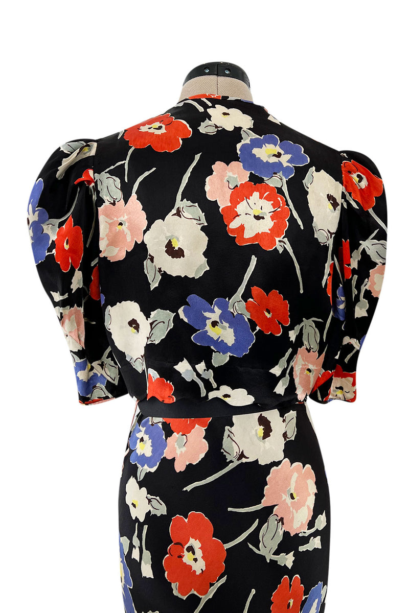 Beautiful 1930s Bias Cut Heavy Silk Satin Floral Print Dress w Scalloped Edged Jacket