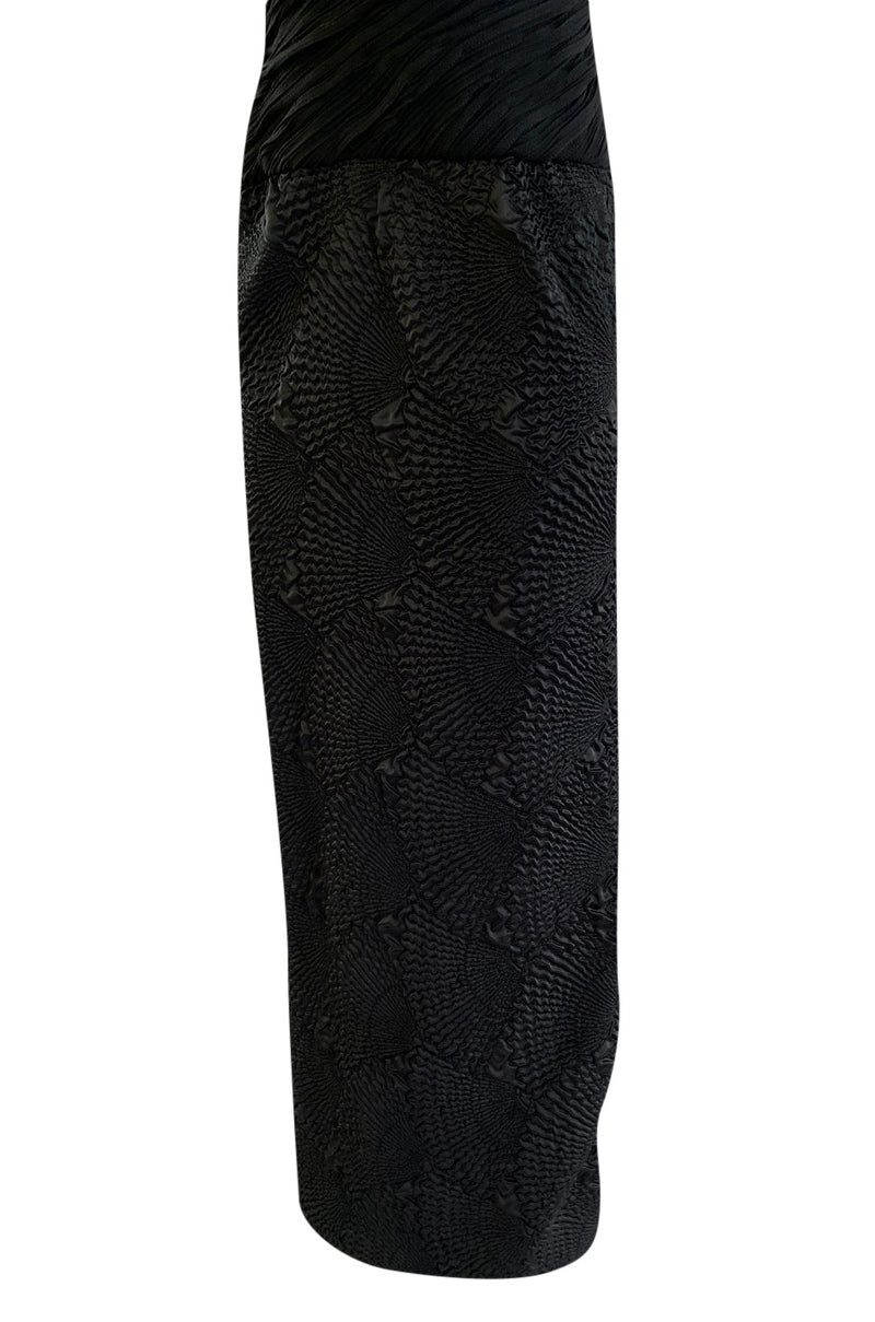 1970s James Galanos Couture Textured Puff Silk One Shoulder Dress w Transparent Lace Inset
