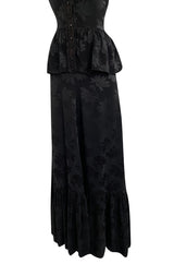 Rare 1970s Mary Quant Black Silk Floral Weave Maxi Dress w Peplum & Ruffled Hem