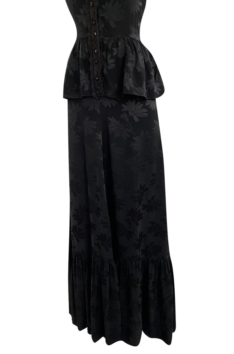Rare 1970s Mary Quant Black Silk Floral Weave Maxi Dress w Peplum & Ruffled Hem