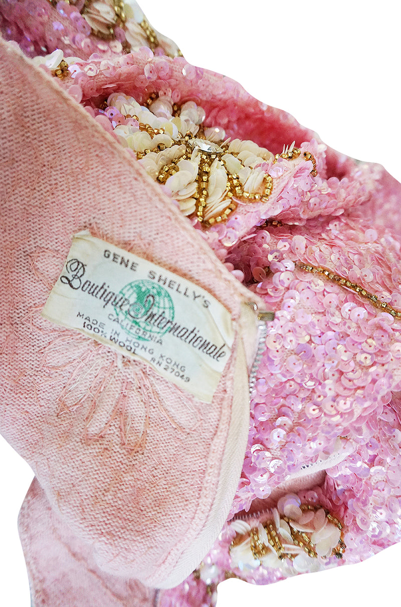 c.1965 Gene Shelly Pink Sequin Stretch Knit Dress w 3D Floral Design
