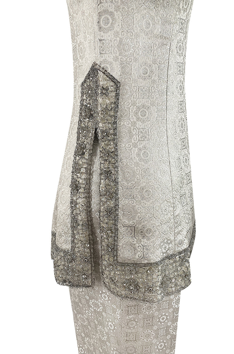 1960s Malcolm Starr Silver Silk Brocade Pant & Tunic Set w Extensive Beaded Detailing