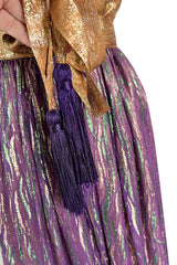 Fabulous 1970s Adolfo Metallic Gold, Green and Purple Silk Skirt, Tassle Belt & Top Set