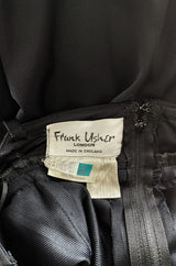 1970s Frank Usher Black Jersey Maxi Dress w Deep Front Plunge & No Back