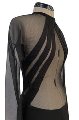 Spectacular 2005 John Anthony Couture Black Stretch Jersey Dress w Curved Netted Cut Outs