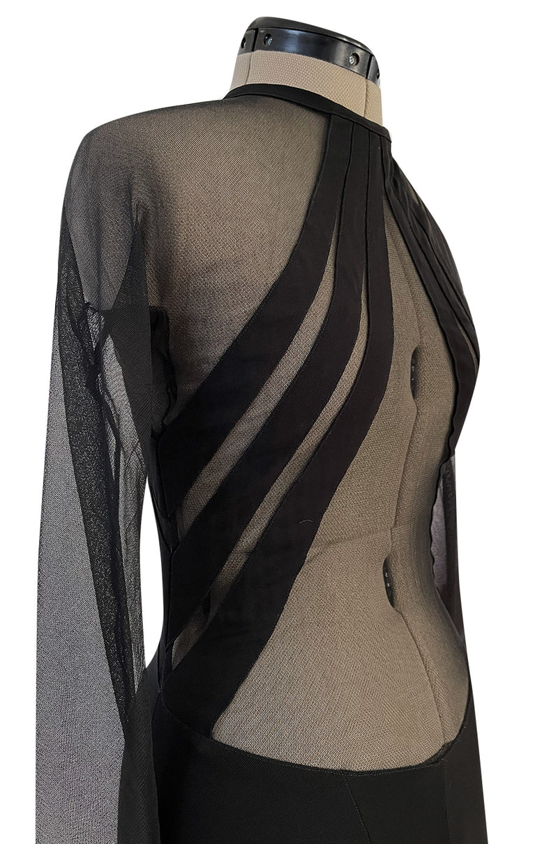 Spectacular 2005 John Anthony Couture Black Stretch Jersey Dress w Curved Netted Cut Outs