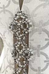 Fabulous 1960s Silver & White Brocade Tunic & Pant Set w Beaded Front Cut Out