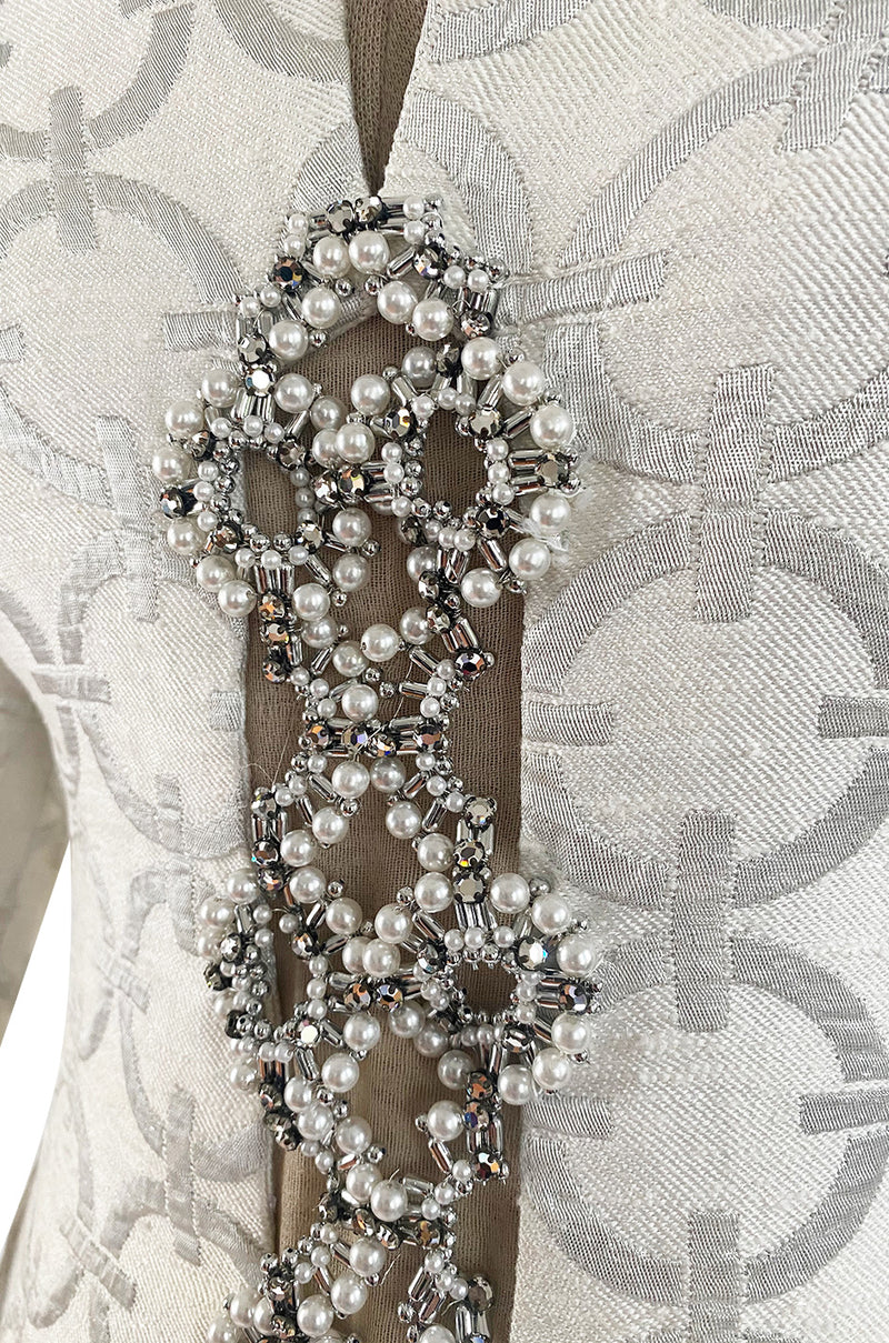 Fabulous 1960s Silver & White Brocade Tunic & Pant Set w Beaded Front Cut Out