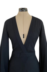 Iconic 1972 Ossie Clark Couture Black Moss Crepe Open Back Wrapped Dress w Bishop Sleeves