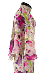 Spectacular 1930s Pink Tulip Printed Bias Cut Silk Chiffon Floral Print Dress w Caped Back