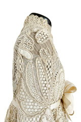 Extraordinary 1960s Donald Brooks Couture Ivory Net Lace & Silk Cord Babydoll Dress