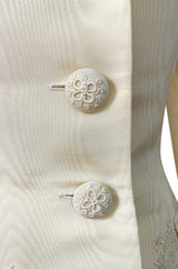 1980s Bill Blass Ivory Moire Silk Suit w Extensive Raffia & Embroidered Detailing