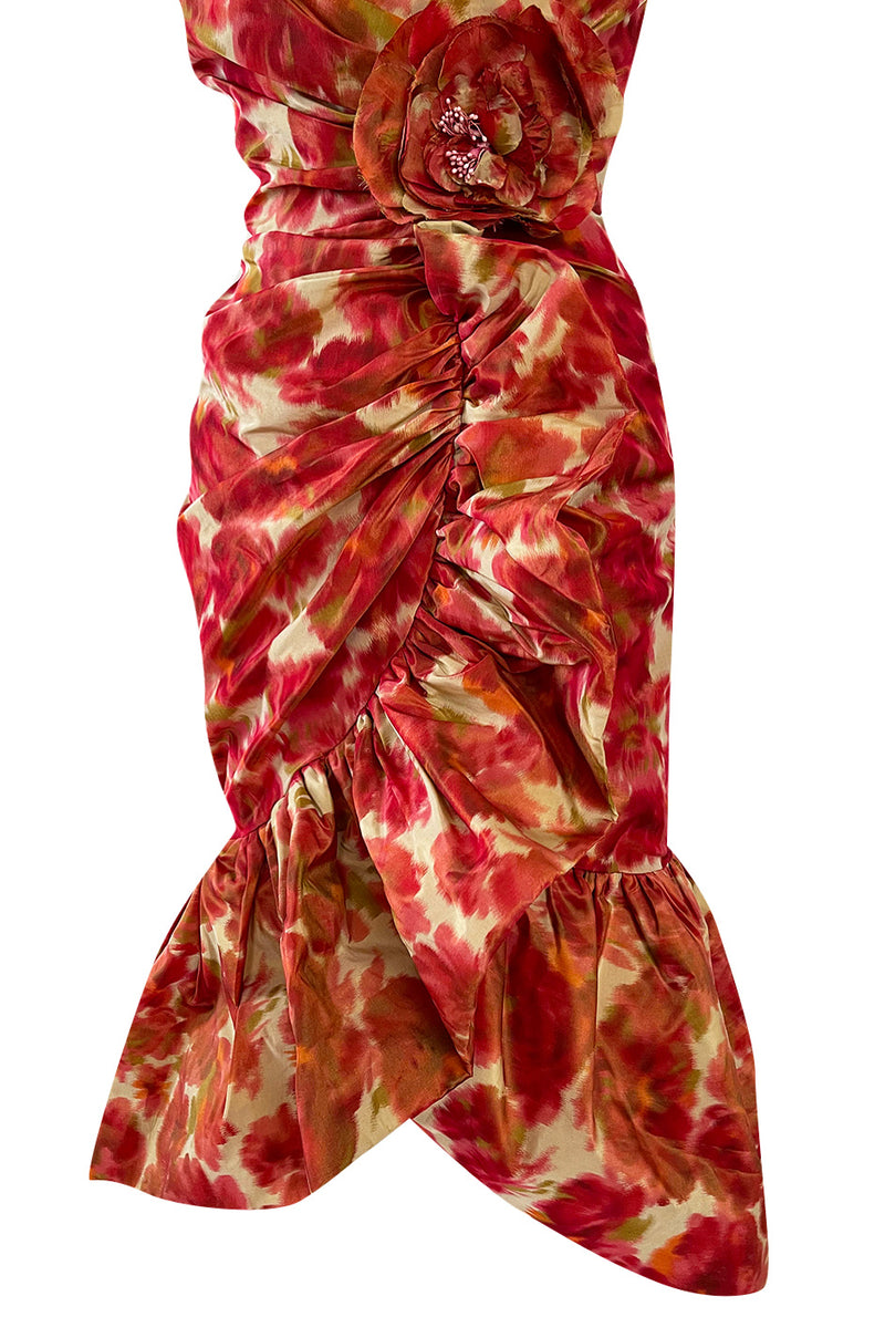 1980s Henri Bendel Washed Floral Silk Taffeta Ruffle Dres w Flower Accent at the Waist
