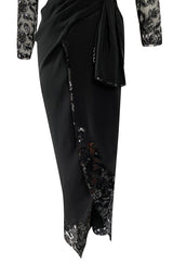 1980s Loris Azzaro Couture Black Silk & Net Sequin Floral Bodice Dress w Swag Hip Detail