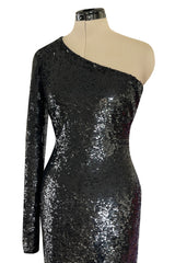 Early 2000s John Anthony Couture One Shoulder & Sleeve Densely Sequinned Glossy Black Dress