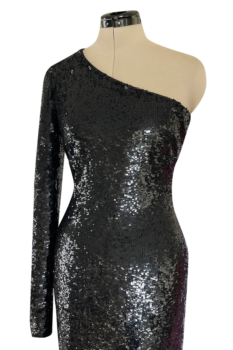 Early 2000s John Anthony Couture One Shoulder & Sleeve Densely Sequinned Glossy Black Dress