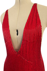 Showstopping 1975 John Anthony Couture Deep Plunging Red Dress Entirely Covered in Glass Beads