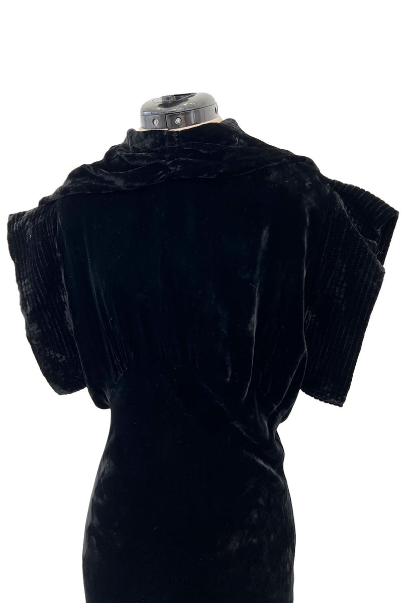 Stunning 1930s Black Silk Velvet Bias Cut Dress w Top Stitched Sleeves & Silver Glitter Buttons