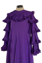 Unusual 1970s Miss Dior Purple Silk Chiffon Tiered & Pleated Sleeve Caftan Dress