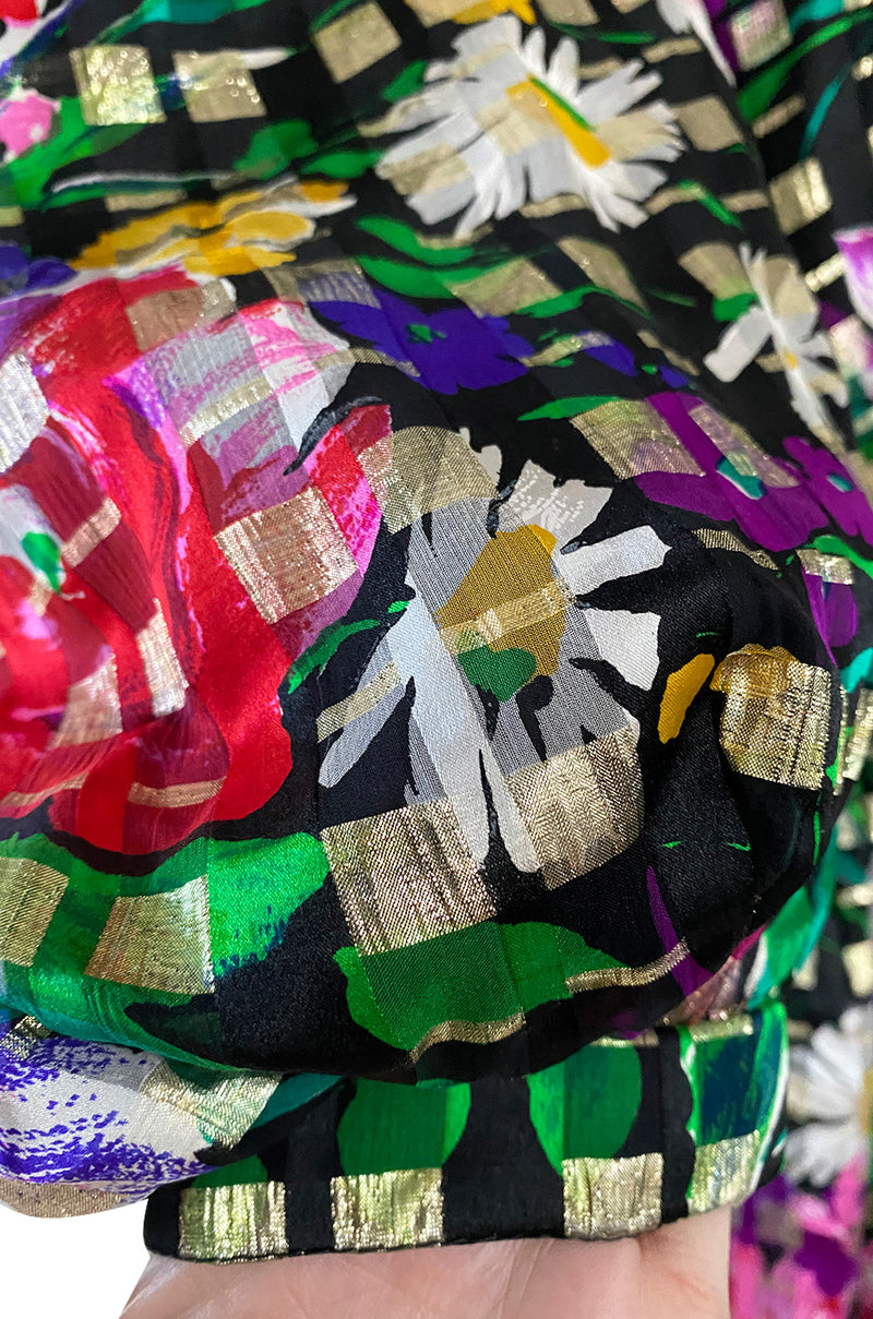 Beautiful 1970s Michael Novarese Ribbon Weave Silk Chiffon Bright Floral & Metallic Dress