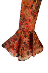 Late 1970s James Galanos Printed Rust & Coral Silk Chiffon Jumpsuit w Extra Wide Slit Pant Legs