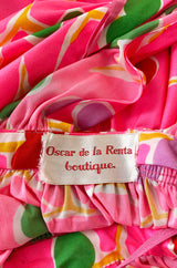 1973 Oscar de la Renta Brilliant Pink Backless Halter Dress w Front Keyhole