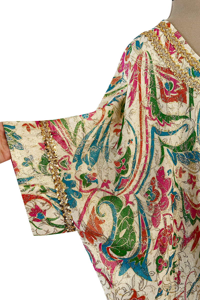 Gorgeous 1960s Lucie Ann Beverly Hills Gold Thread Lame Caftan w Sequin Detailing
