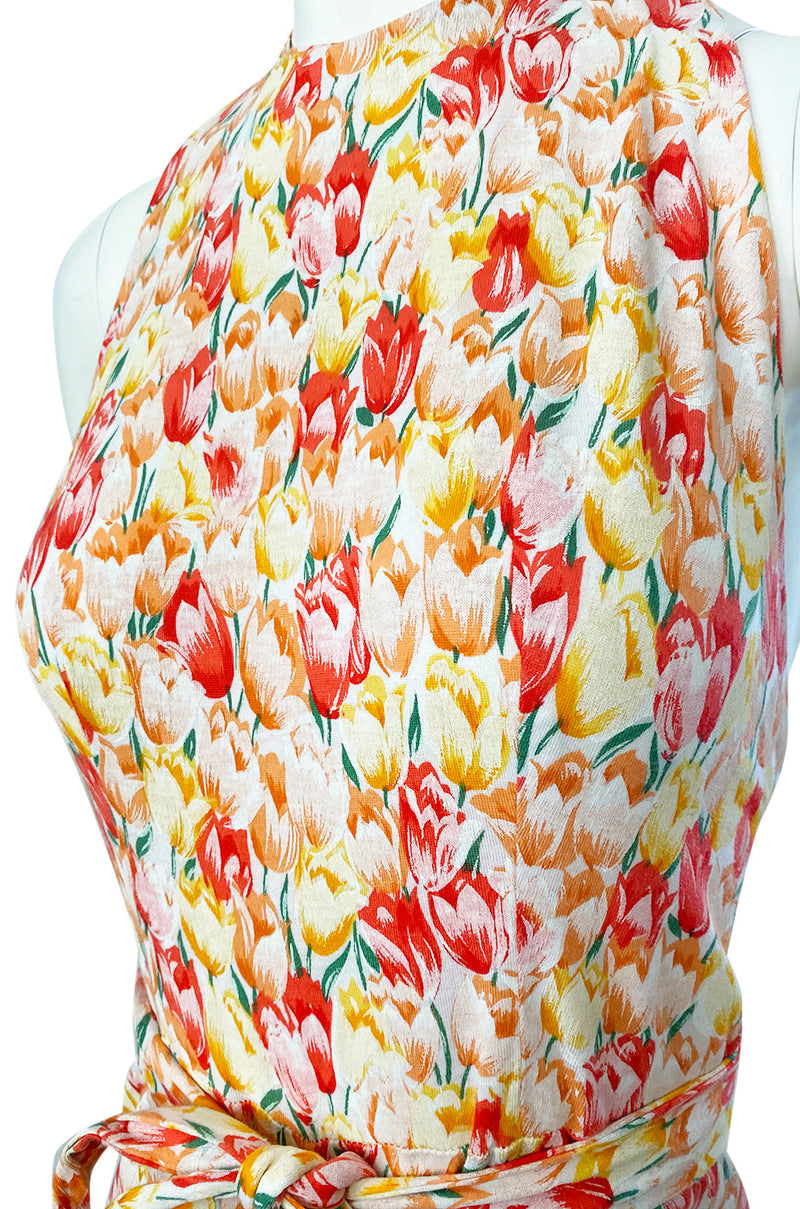 1970s Diane Von Furstenberg Backless Floral Jumpsuit w Extra Wide Legs