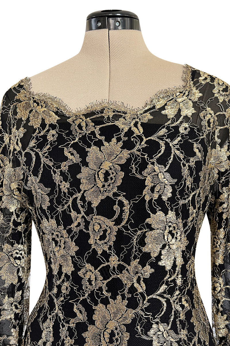 Exceptional Fall 1986 Chanel by Karl Lagerfeld Runway Metallic Gold Thread on Black Silk Net Dress