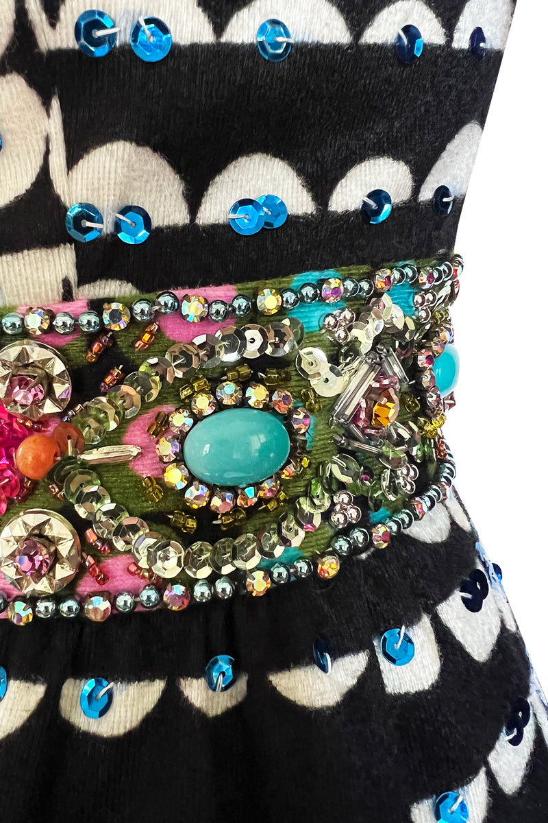Amazing 1970s Unlabeled Valentina Inc. Rainbow Colored Elaborate Sequin & Bead Detailed Dress