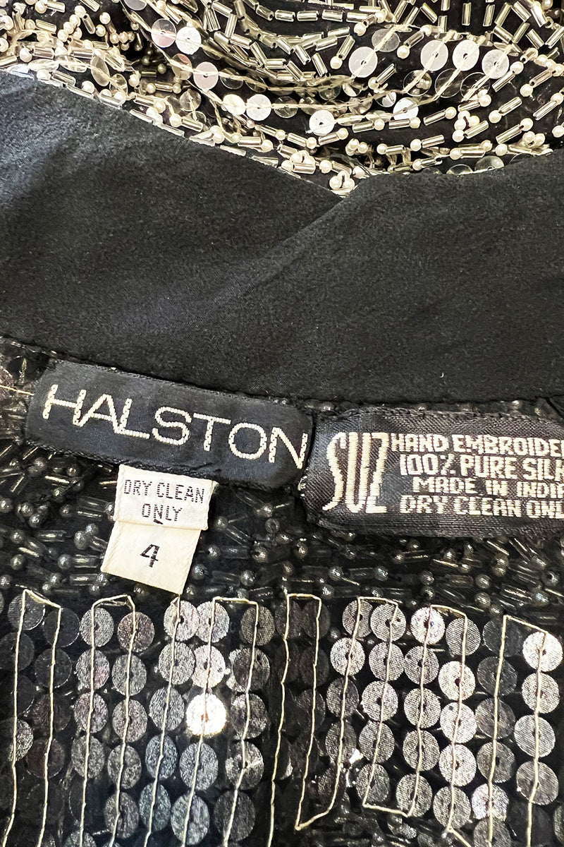 Sparkly Spring 1981 Halston Silver Sequin & Beaded Black Silk Chiffon Jacket