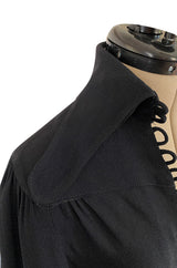 c.1969 Ossie Clark Black Moss Crepe Dress w Bishop Sleeves, Button Front & Dog Ear Collar