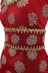 Exceptional Late 1960s Oscar de la Renta Red Silk Dress w Gold & Silver Detailing