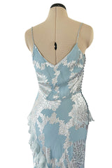 Iconic Fall 2004 John Galliano Bias Cut Blue Dress w Ruffles & Metallic Silver Detailing