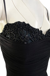 1980s Vicky Tiel Couture 'Kaimak' Gathered Black Net Fitted Dress w Beading Detailing