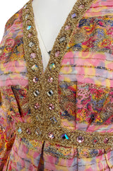 1960s Possible OLDR Metallic Pink & Gold Organza Dress w Gold Braid & Rhinestones