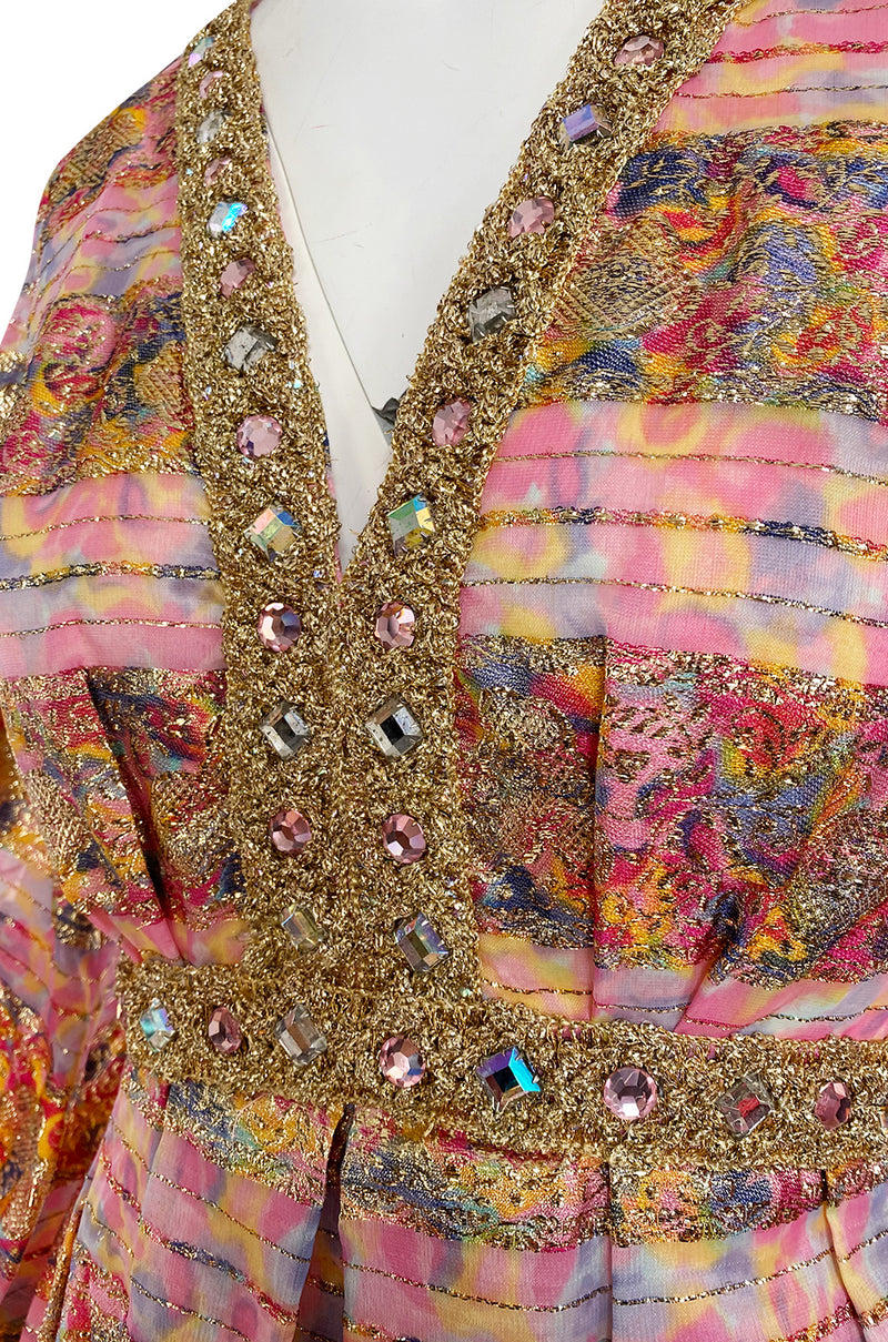 1960s Possible OLDR Metallic Pink & Gold Organza Dress w Gold Braid & Rhinestones