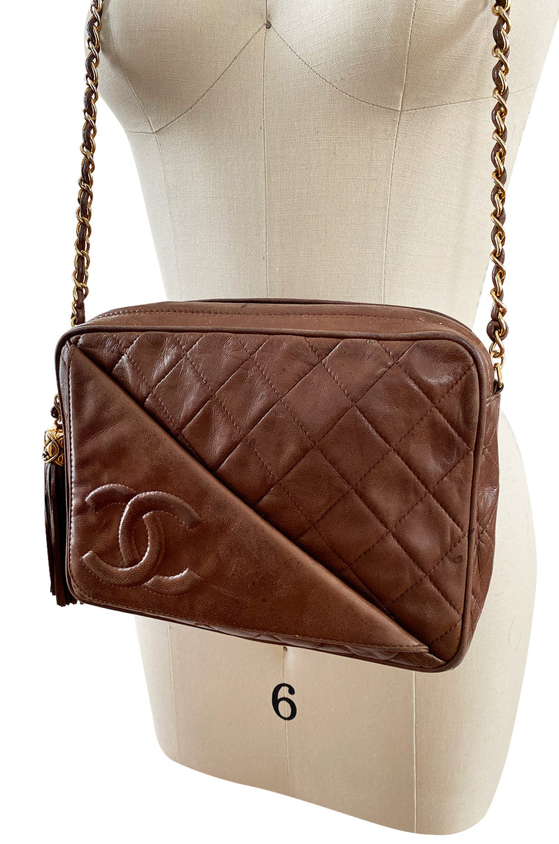 c. 1990 Chanel Quilted Camera Bag w Fringe Tassel & Front Flap Pocket