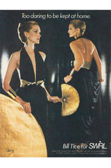 Documented 1980 Bill Tice Plunging Front Black Jersey Dress w Top Stitched Gold Belt