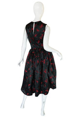 1950s Unlabelled Red & Black Aisian Silk 'Feather' Dress