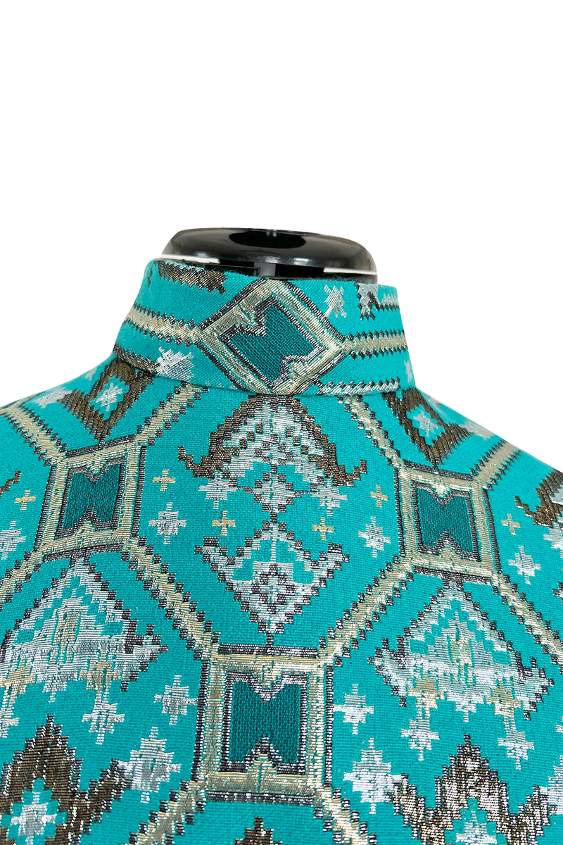 Gorgeous 1970s Mollie Parnis Turquoise Dress w Metallic Gold & Silver Detailing
